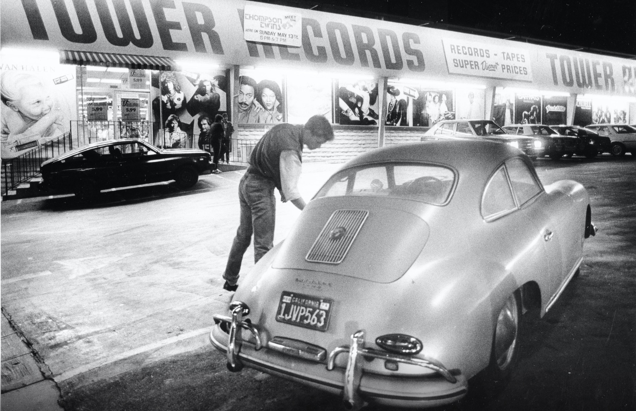 Beautiful classic cars lined up in front of Tower Records on Sunset Boulevard