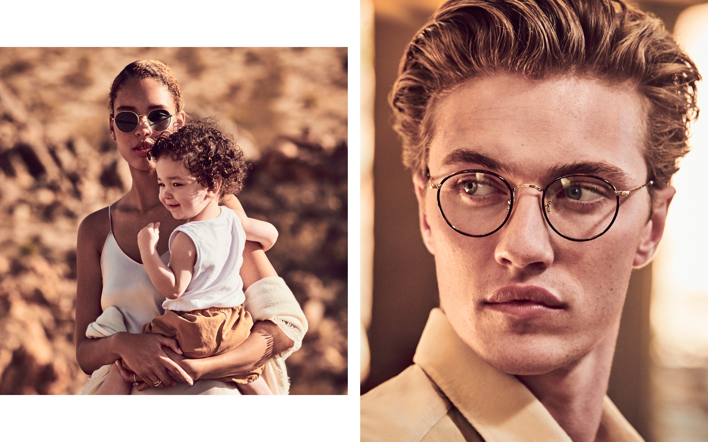 Left: A moment of togetherness finds Nara in Altair Brush Gold + Carbon Grey. Above: Lucky Blue wears Carling, a rounded shape known for its intricate detailed bridge.