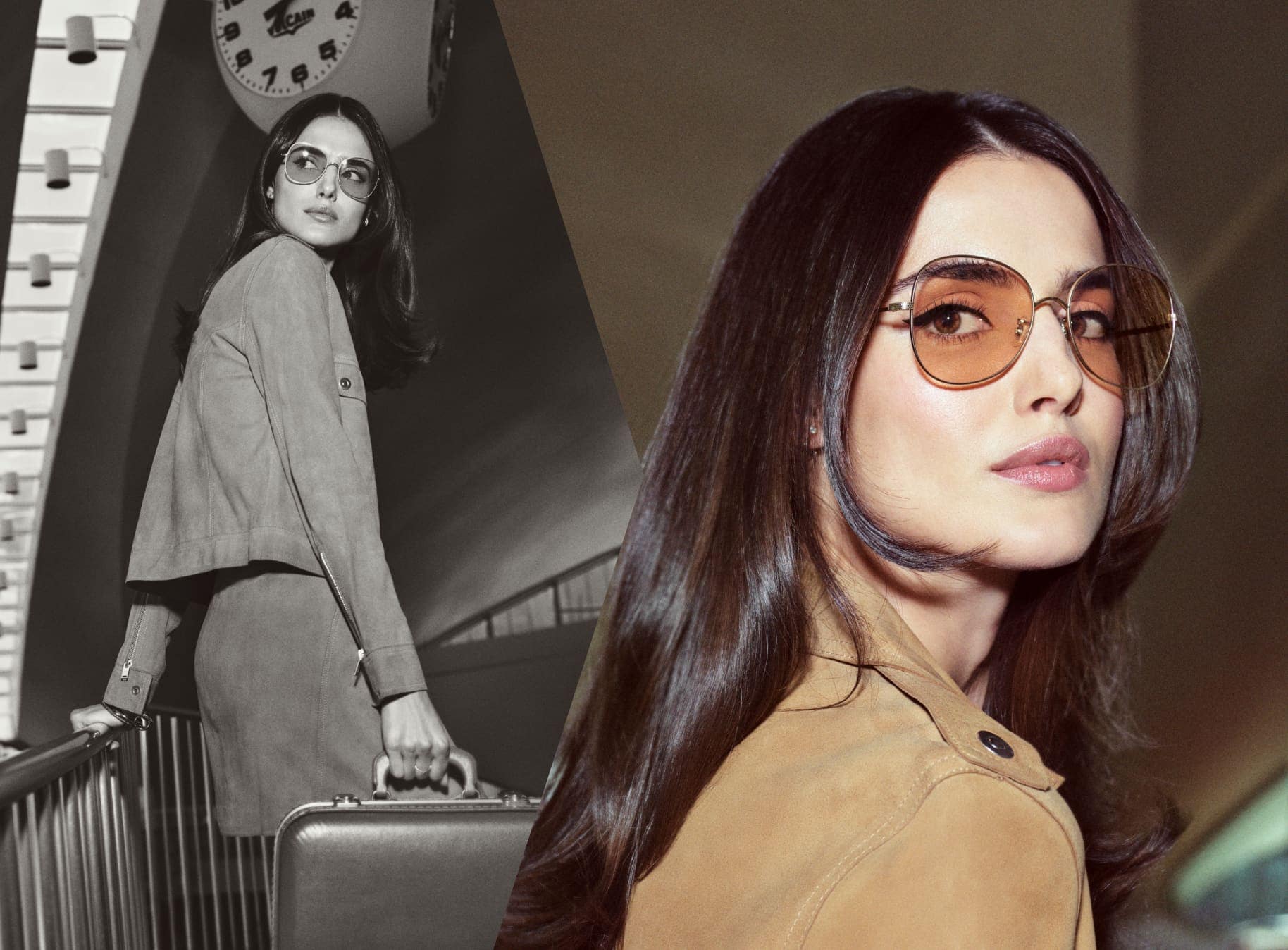 The actress dons optical style, Éliane, in Brushed Gold with Dusk Beach lenses.
